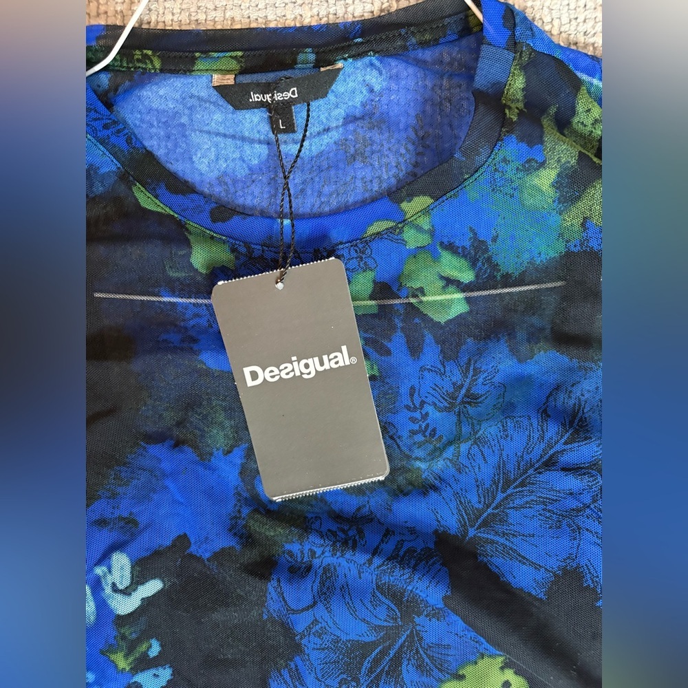 Desigual Floral Mesh Layered Midi Dress Blue Black Size L NWT - Picture 10 of 17